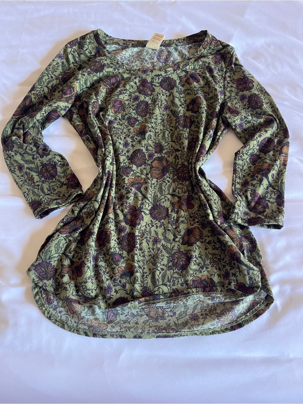 Faded Glory Size S (4-6) Olive Green Floral Long Sleeve Scoop Neck Tunic Top